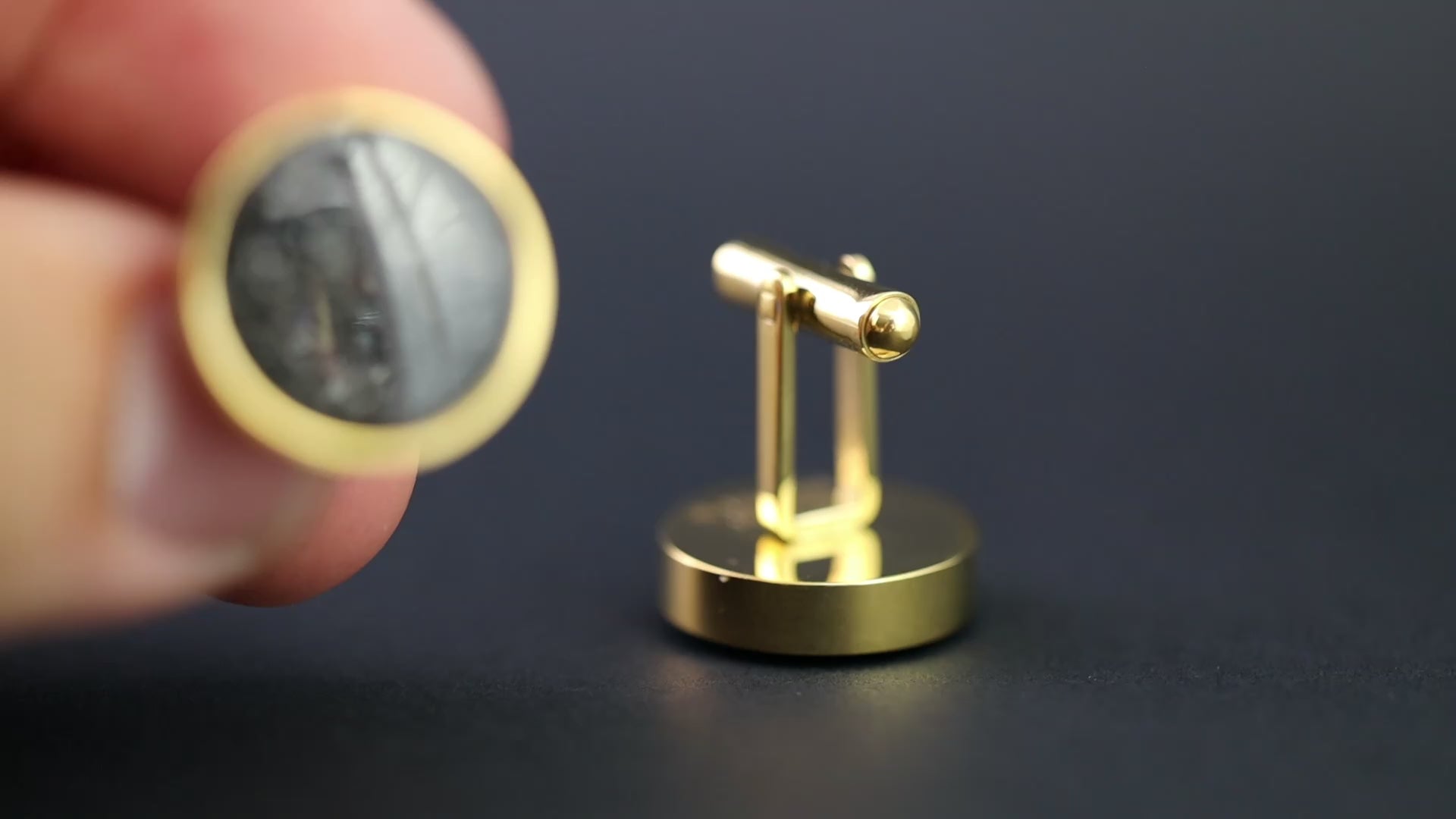 Video of the Gold Meteorite Cufflinks handcrafted gold-tone stainless steel mens cufflinks featuring authentic Campo Del Cielo meteorite inlay