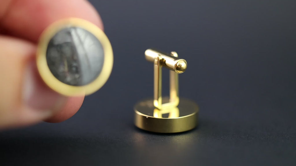 Video of the Gold Meteorite Cufflinks handcrafted gold-tone stainless steel mens cufflinks featuring authentic Campo Del Cielo meteorite inlay