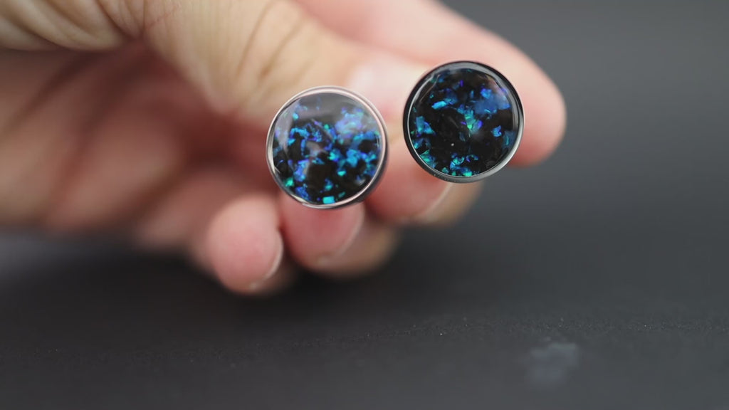 Video of the Blue Megalodon Cufflinks handcrafted silver-tone stainless steel mens cufflinks featuring real megalodon tooth and vivid blue opal inlay