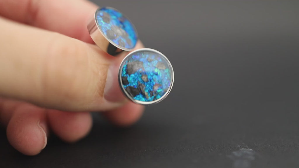 Video of the Lunar Meteorite Cufflinks handcrafted silver-tone stainless steel mens cufflinks featuring authentic lunar meteorite, a real piece of the Moon, and vivid blue opal inlay