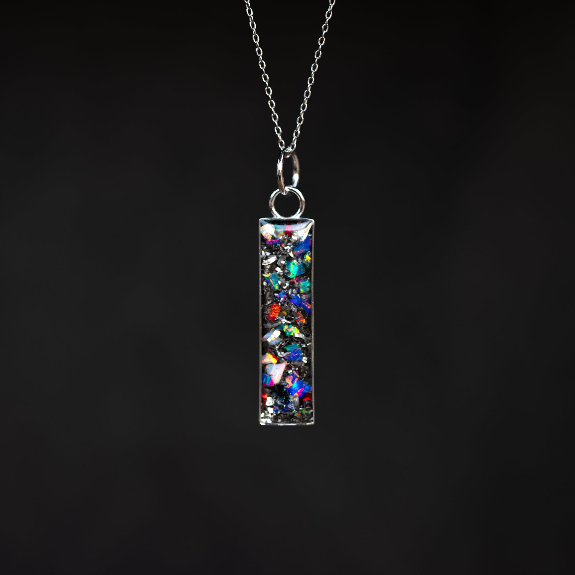 Prism Bar authentic silver bar pendant necklace with Campo Del Cielo meteorite and multi color opal inlay