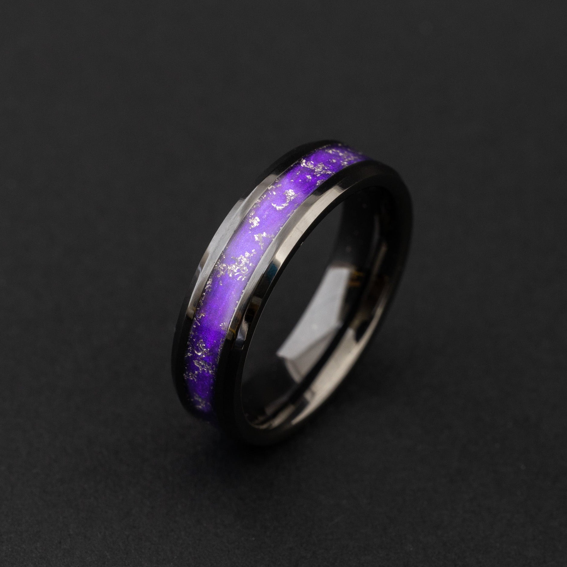 6mm ceramic wedding band featuring celestial Gibeon fragments and purple inlay