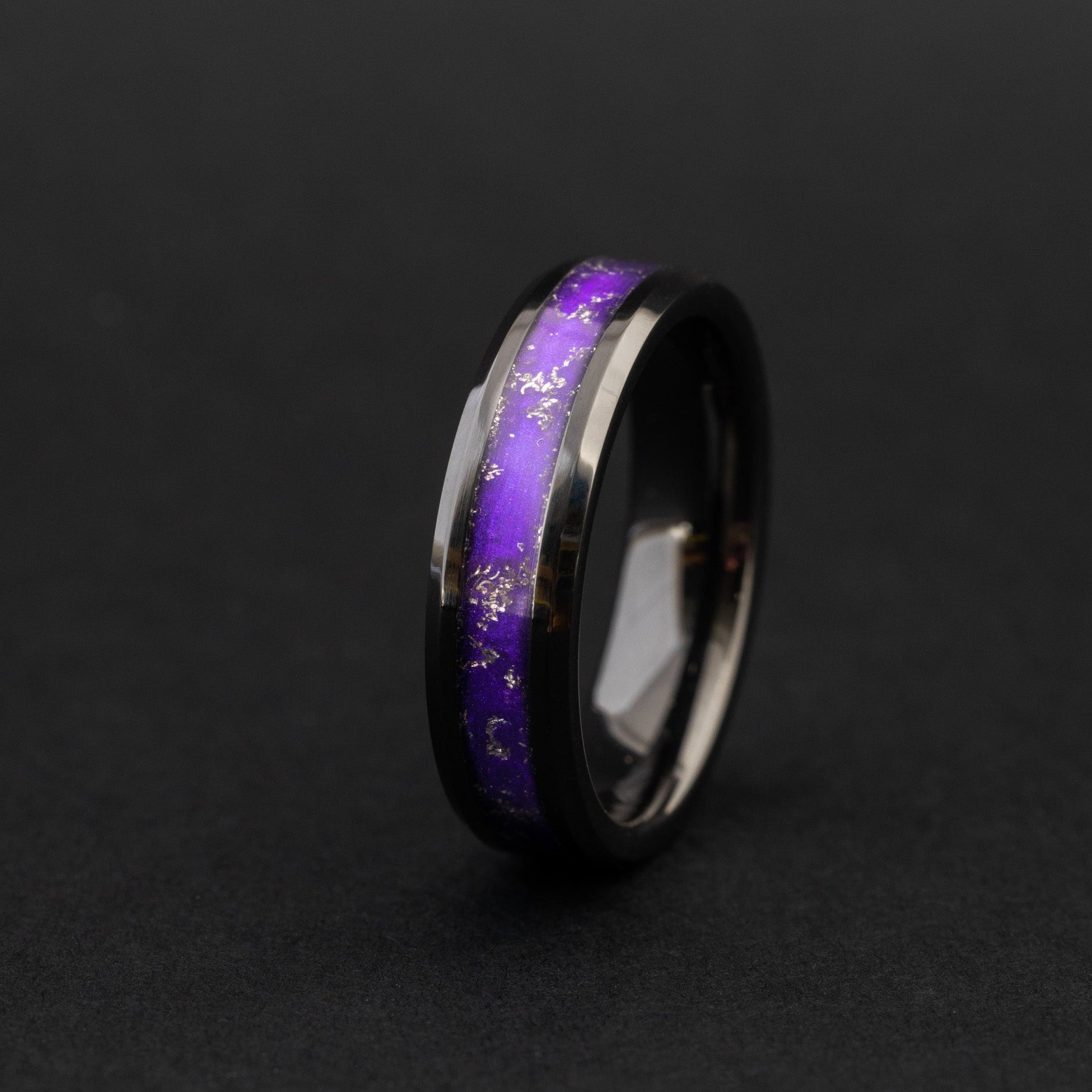 6mm beveled black ceramic ring with authentic Gibeon meteorite and purple resin inlay.