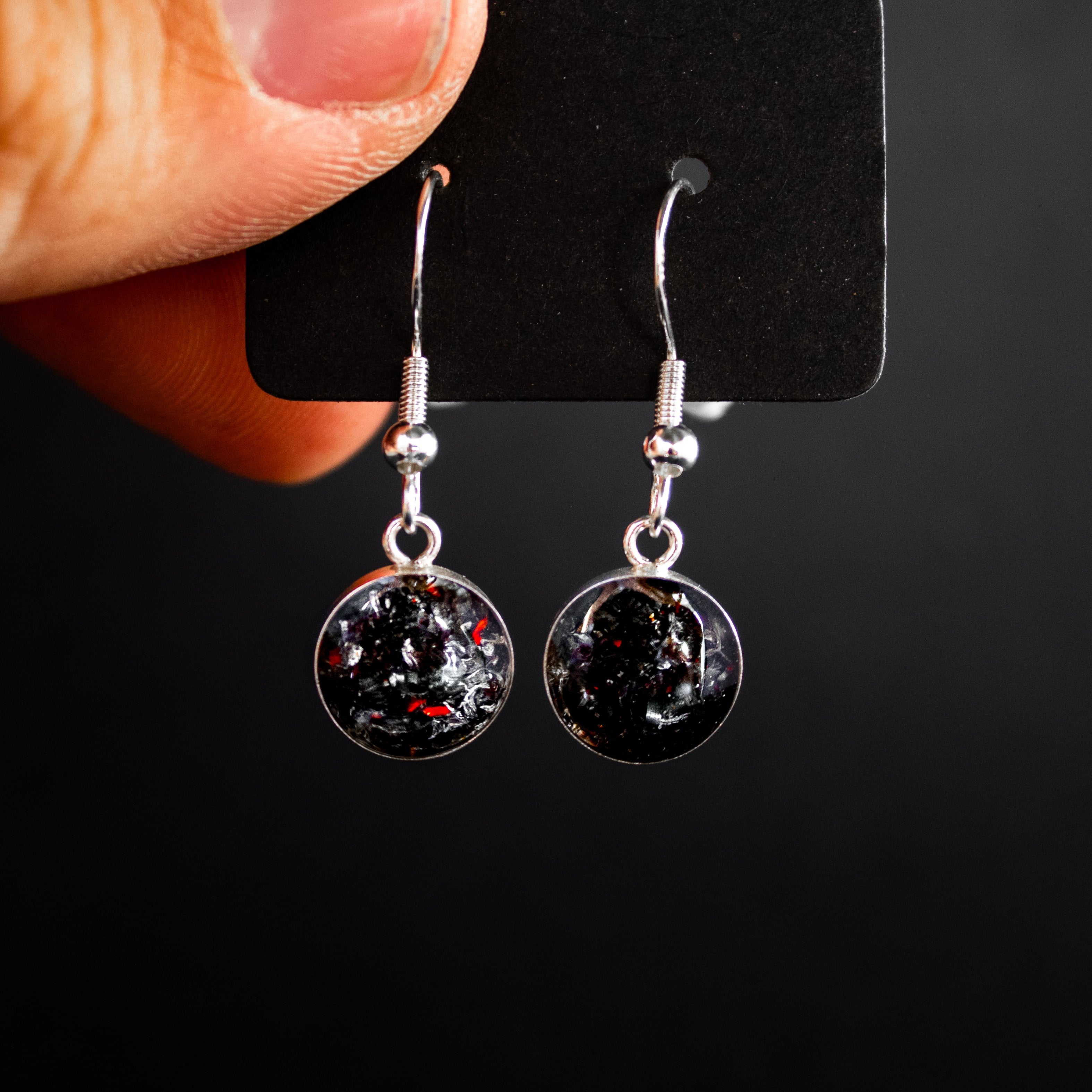 Red Spark Dangle authentic silver dangle earrings with Campo Del Cielo meteorite and a hint of red opal inlay