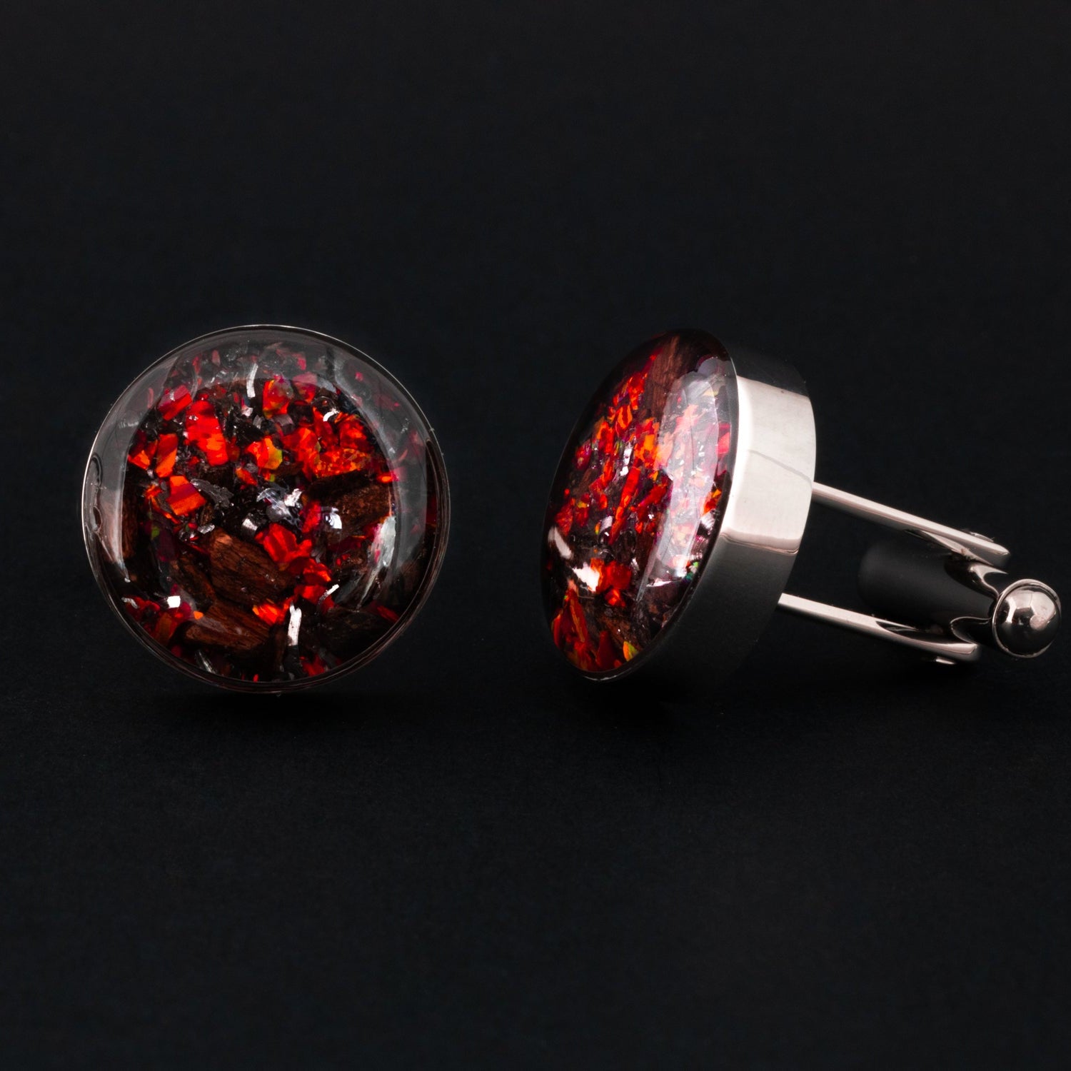 Handcrafted tyrannosaurus rex fossil silver-tone stainless steel mens cufflinks with Campo Del Cielo meteorite, real dinosaur bone, and red opal inlay, ideal as wedding or groomsmen cufflinks
