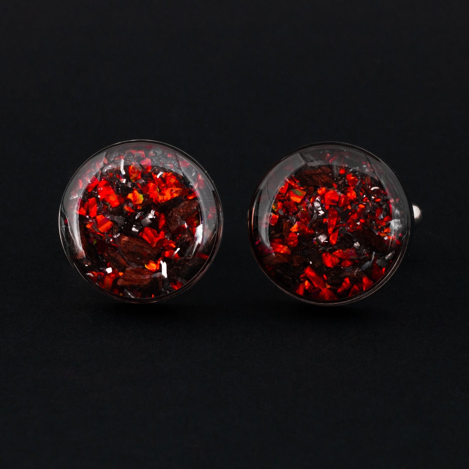 Red TRex Cufflinks authentic silver-tone stainless steel mens cufflinks with Campo Del Cielo meteorite, real T-Rex fossil bone, and ruby red opal inlay
