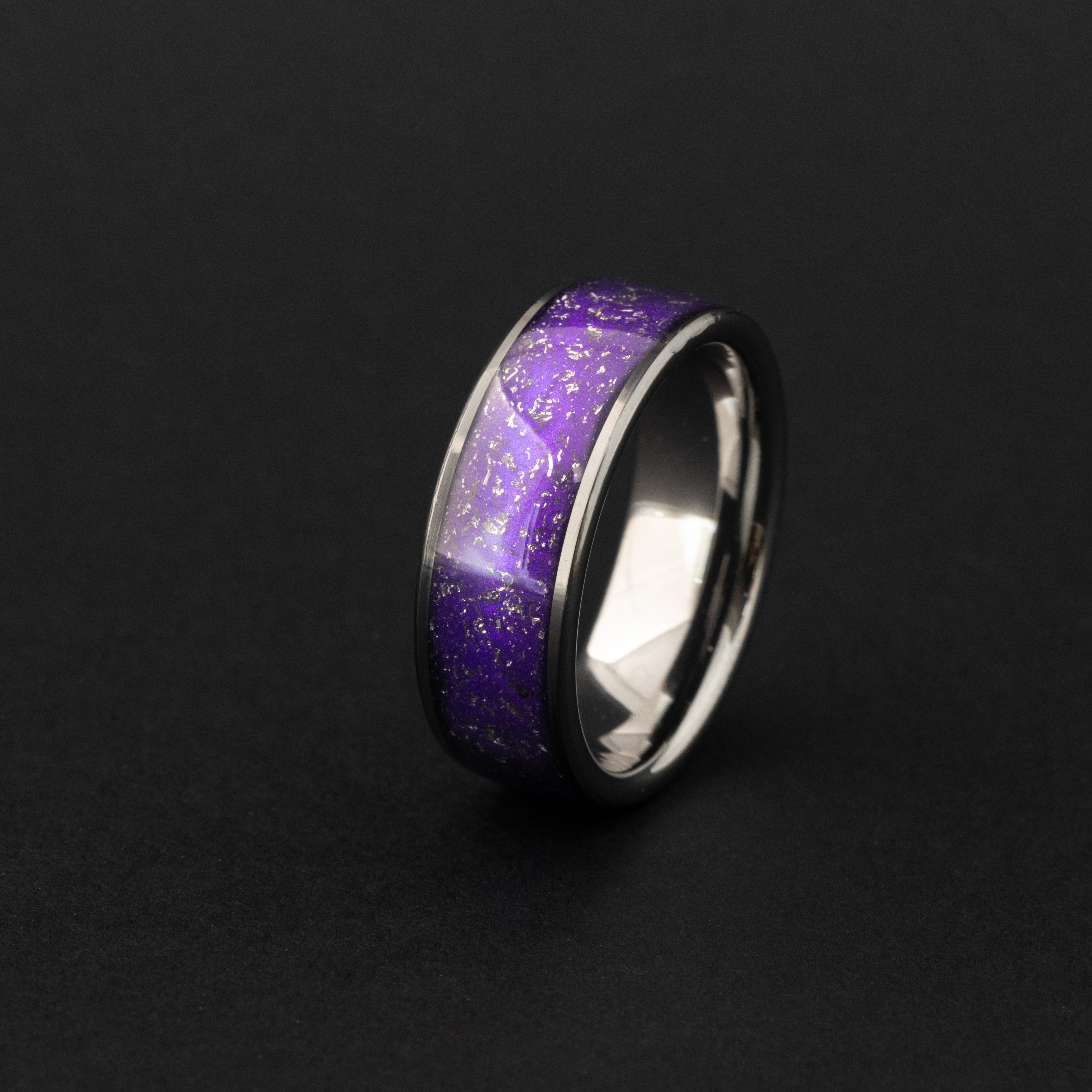 8mm wide channel tungsten ring with authentic Gibeon meteorite and purple resin inlay.
