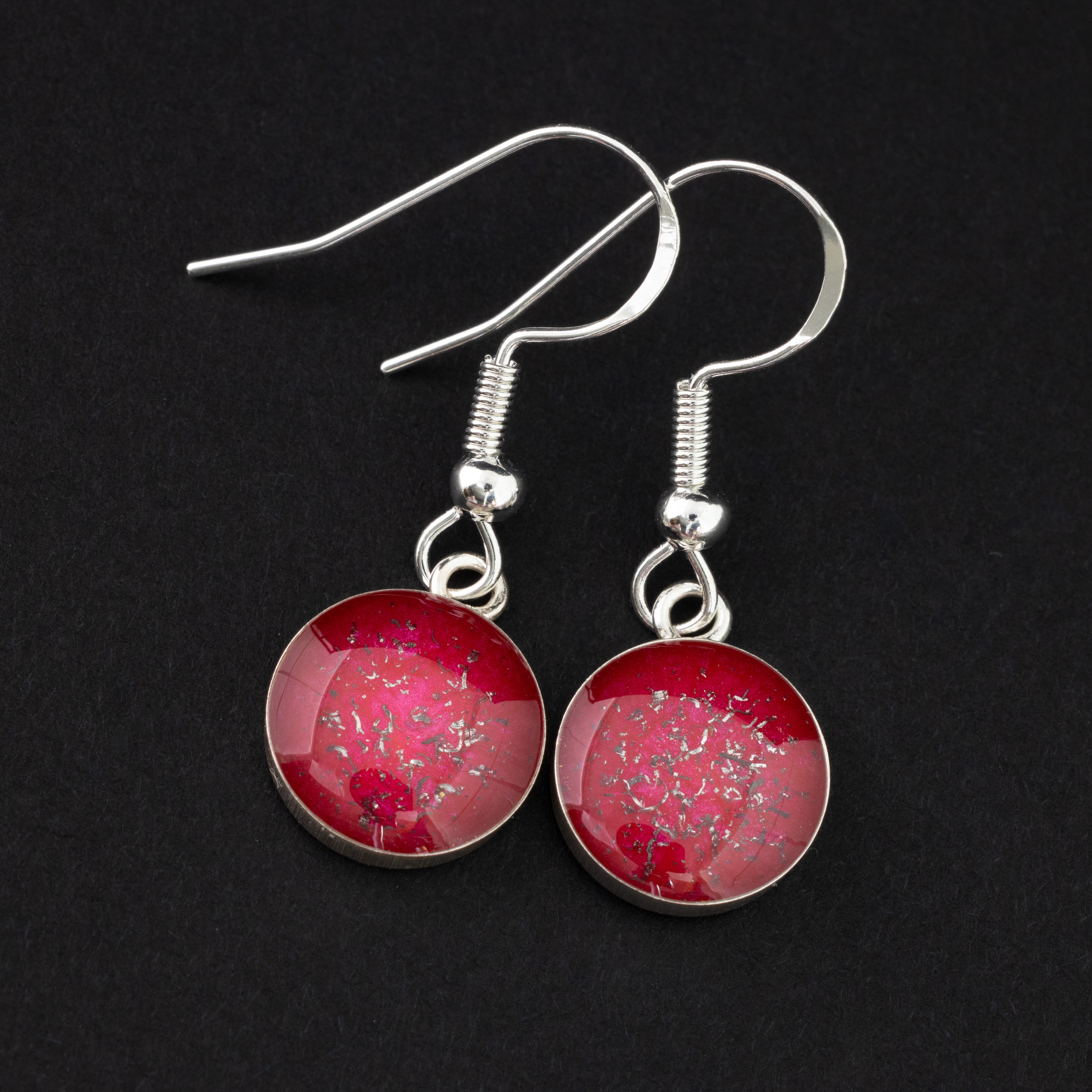 Ruby Dangle authentic silver dangle earrings with Campo Del Cielo meteorite and ruby red resin inlay