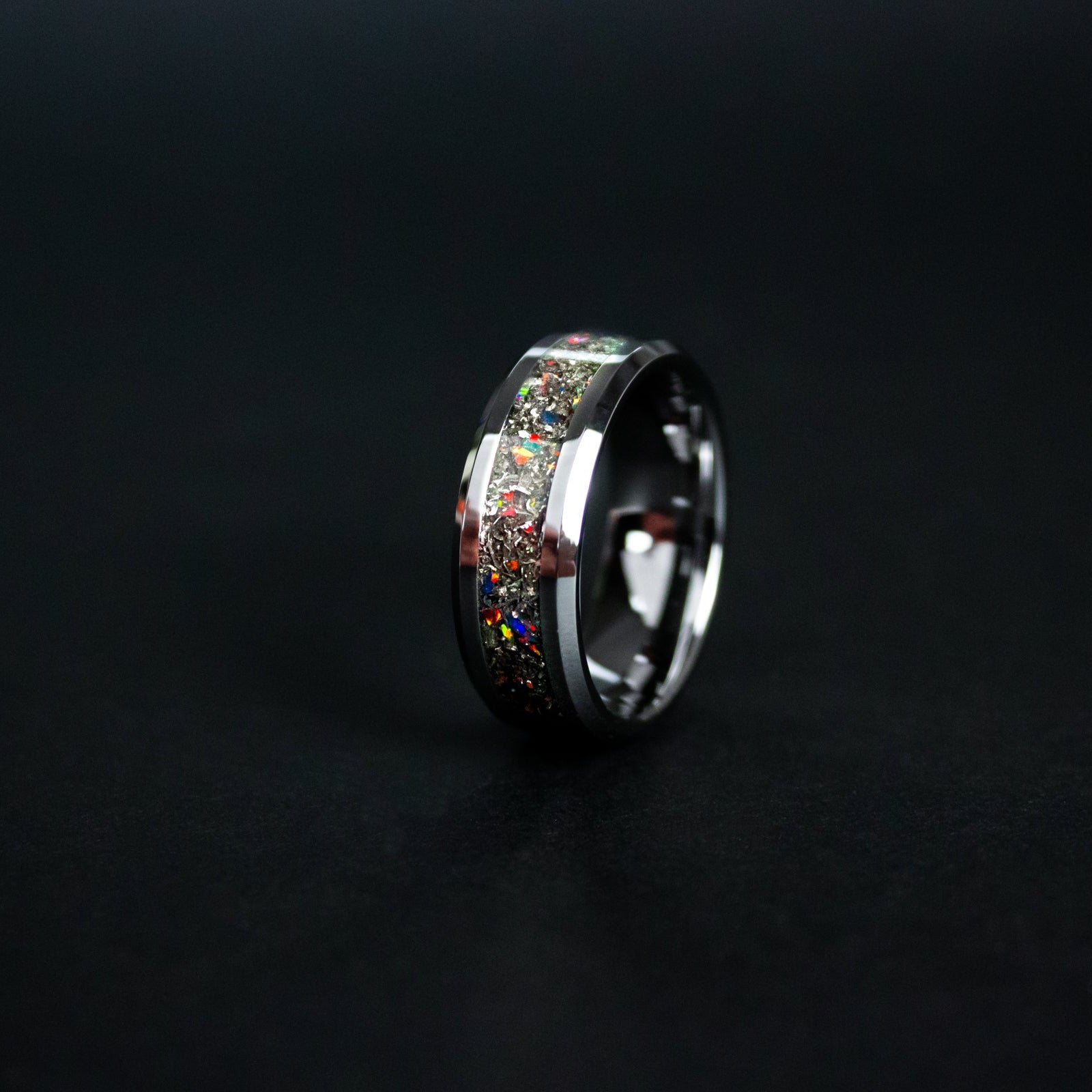 8mm beveled tungsten ring with authentic Campo del Cielo meteorite shavings and black fire opal accents