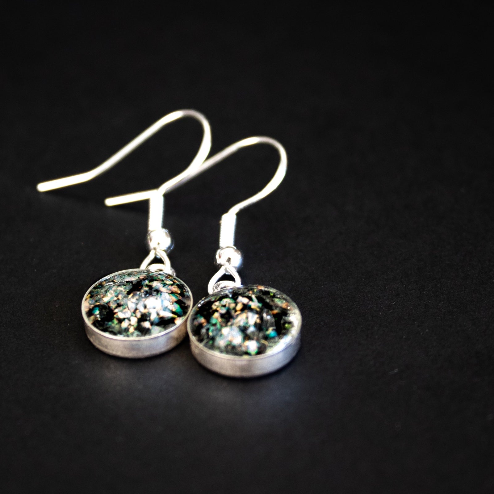 Shimmer Meteorite Dangle authentic silver dangle earrings with Campo Del Cielo meteorite and iridescent white opal inlay