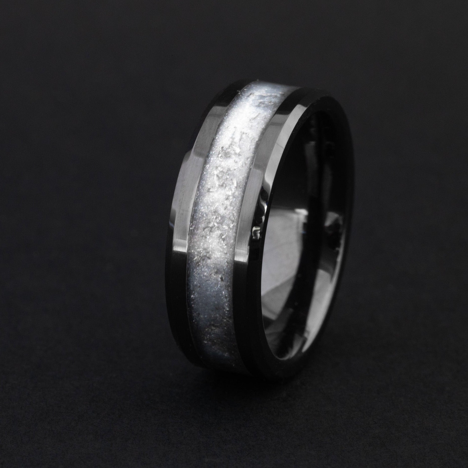 8mm beveled black ceramic ring with authentic Gibeon meteorite and light gray resin inlay.
