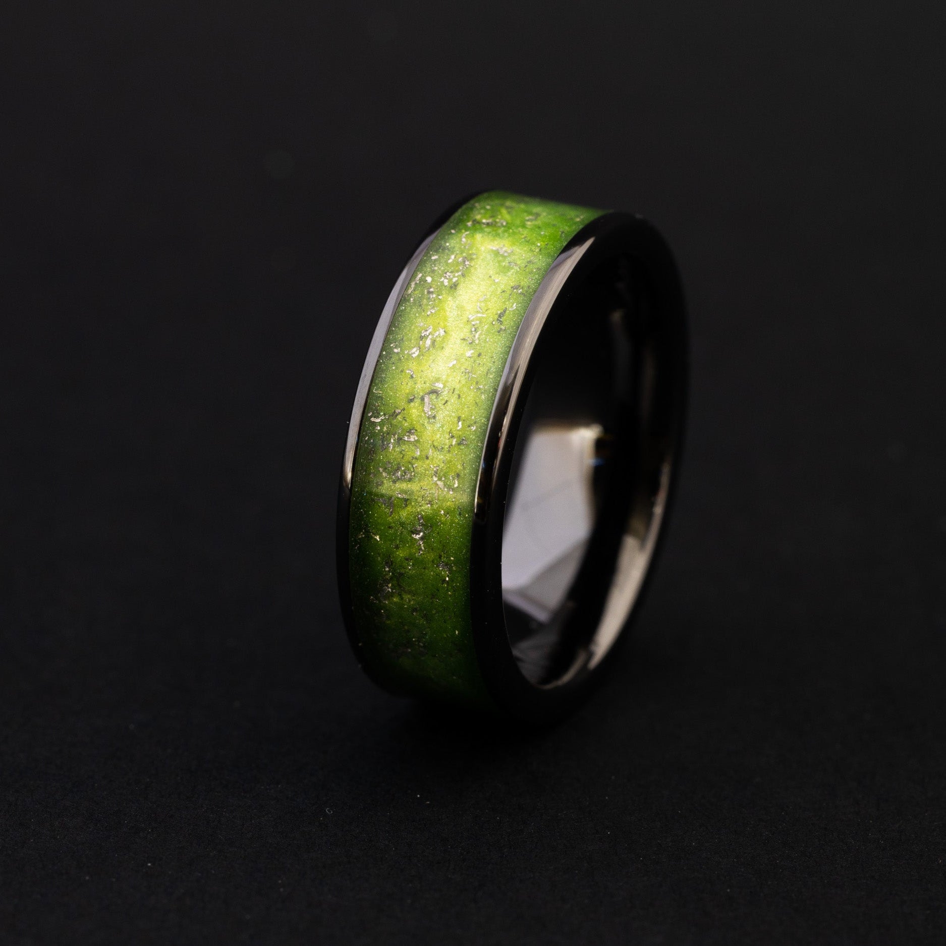 8mm wide channel black ceramic ring with authentic Campo meteorite and lime green resin inlay.