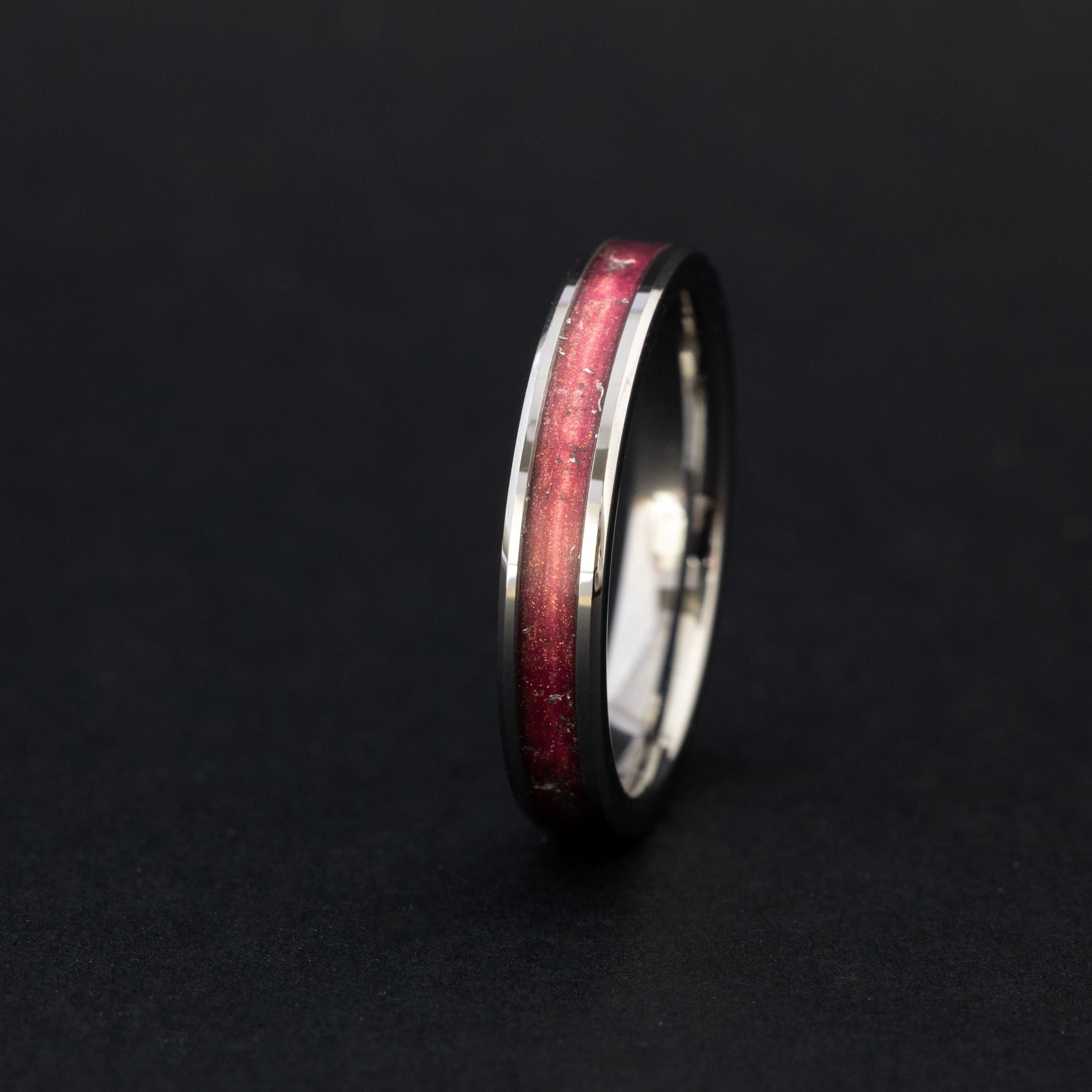 4mm beveled tungsten ring with authentic Campo meteorite and metallic crimson resin inlay
