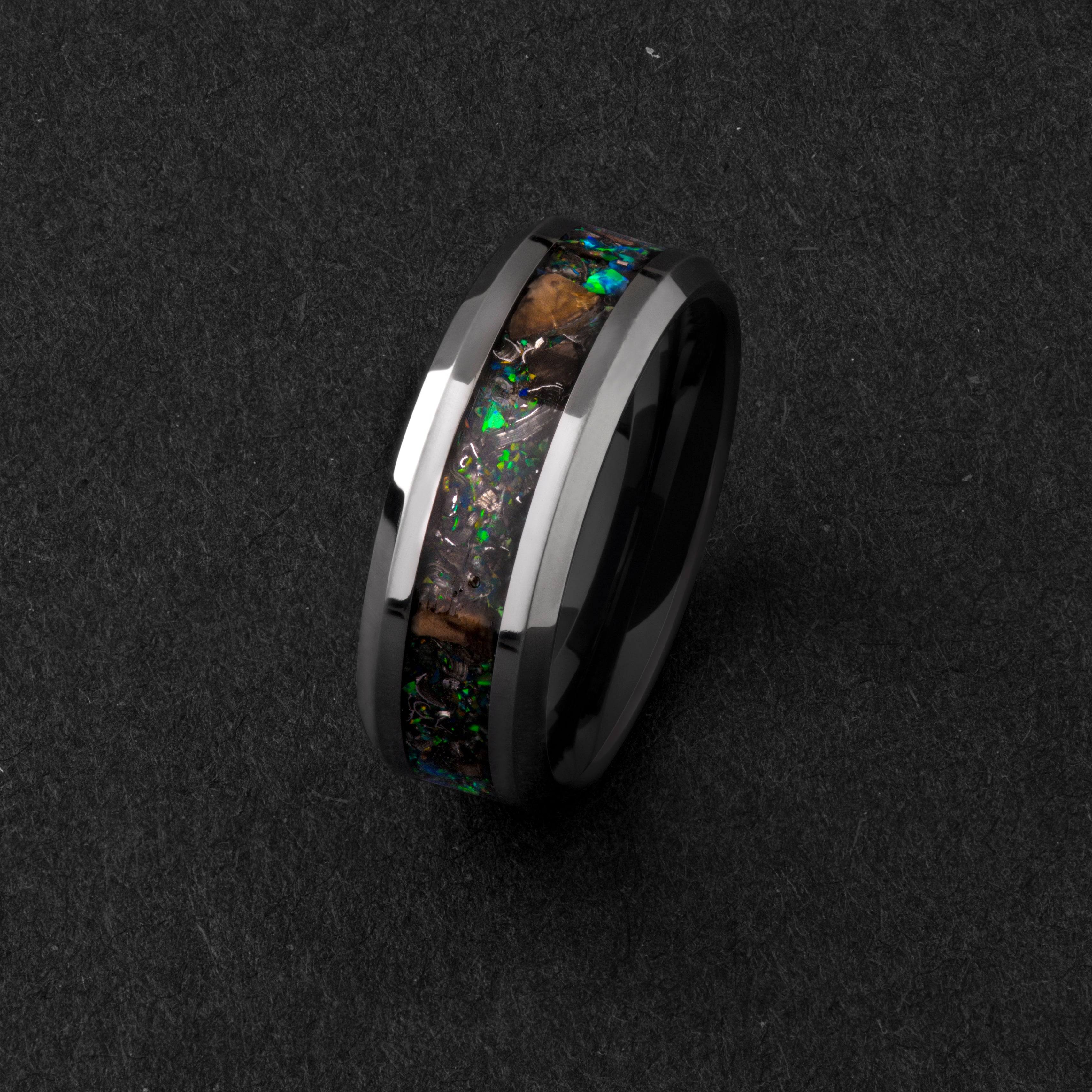 trex-bone-meteorite-green-opal-beveled-tungsten-mens-wedding-band