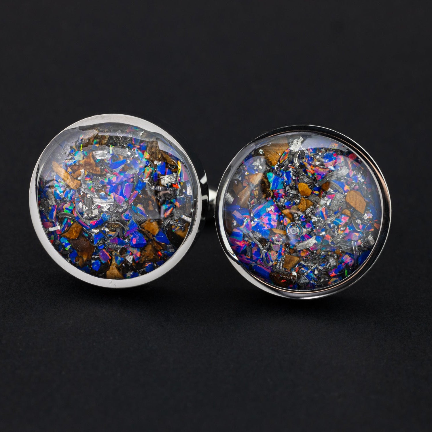 TRex Meteorite Cufflinks authentic silver-tone stainless steel mens cufflinks with Campo Del Cielo meteorite, real T-Rex fossil bone, and Midnight Opal inlay