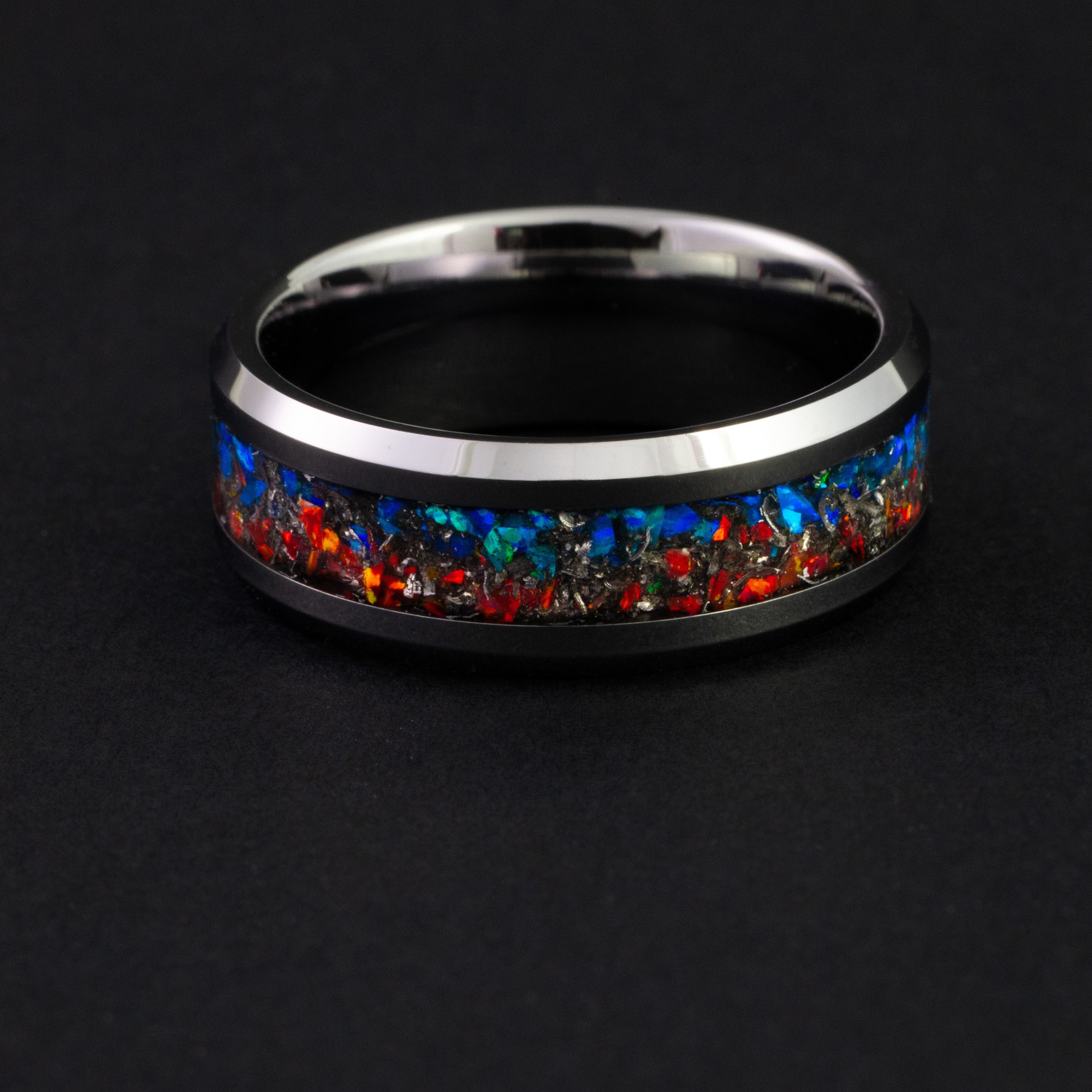8mm tungsten wedding band featuring celestial meteorite and vibrant opal inlay.