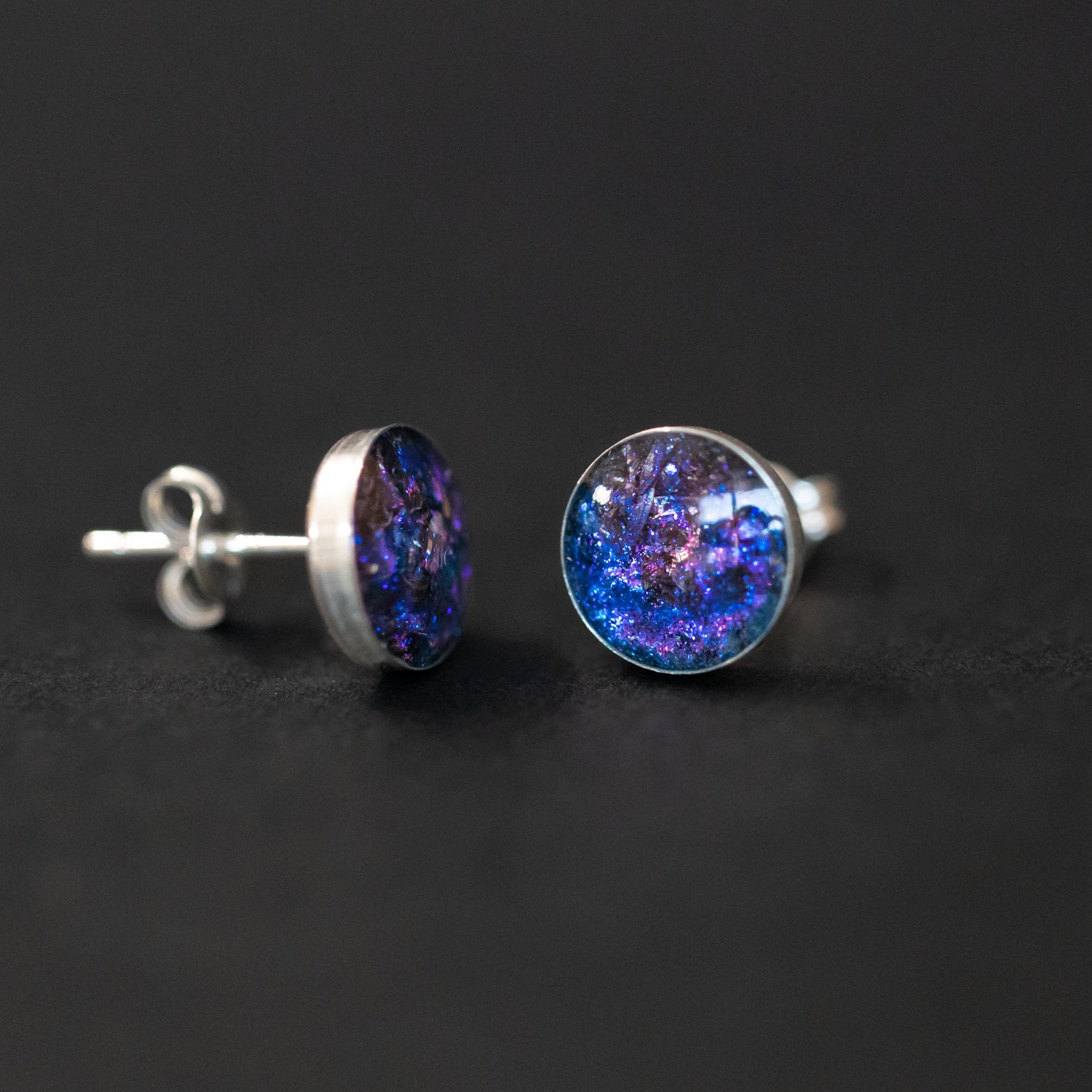 Twilight Studs authentic silver stud earrings with Campo Del Cielo meteorite and blue and purple glitter inlay