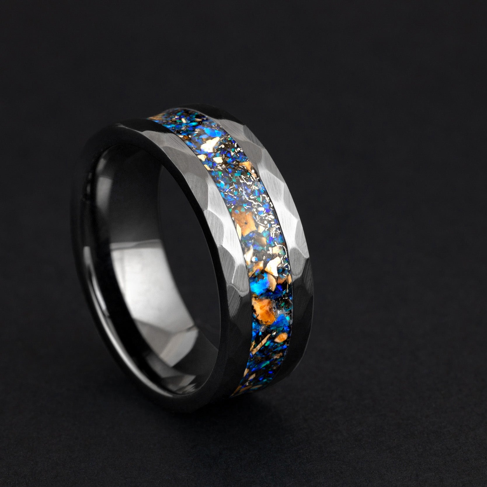 8mm hammered black ceramic ring featuring authentic meteorite and vibrant blue opals.