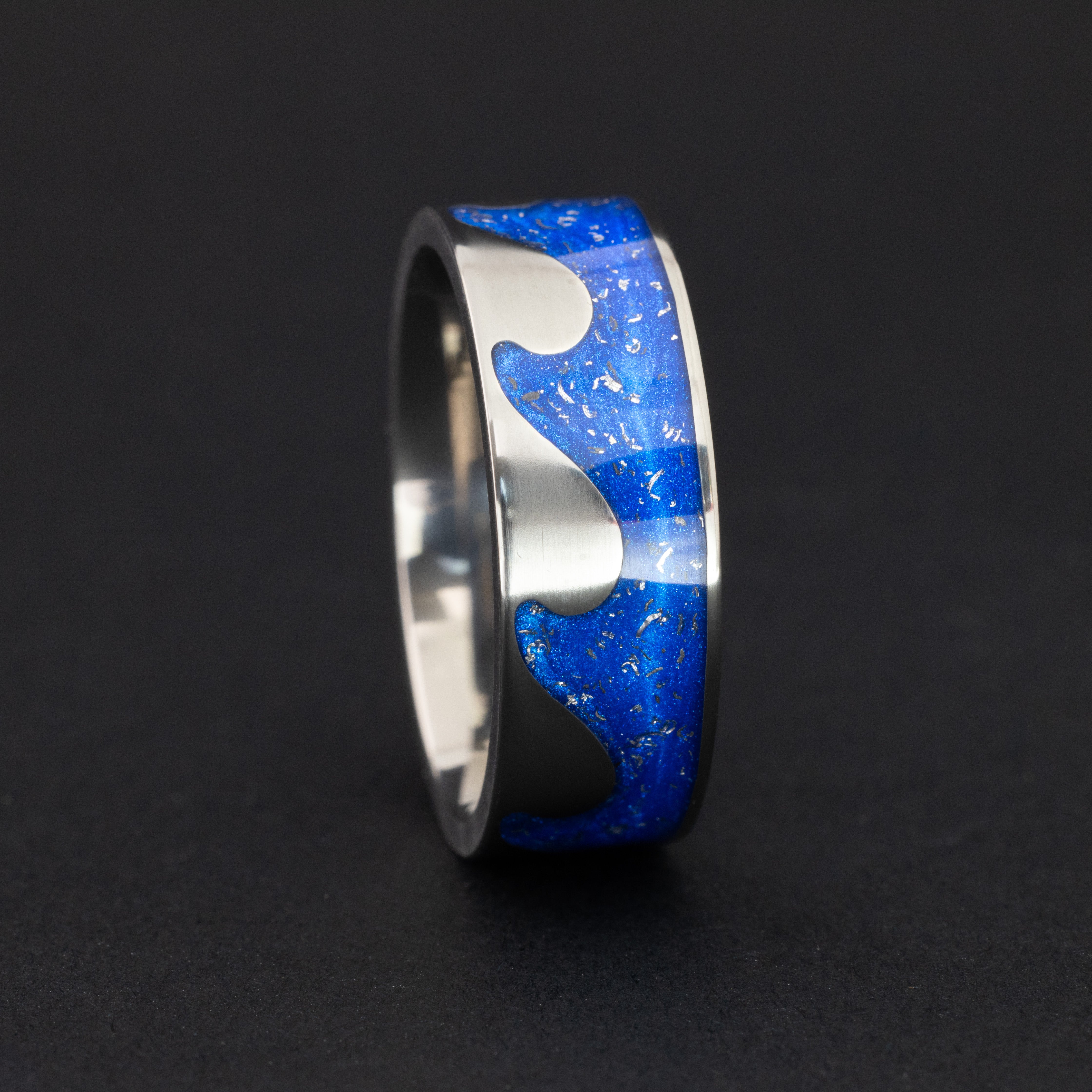 Handcrafted 8mm titanium riptide band mens wedding band with authentic Campo del Cielo meteorite in blue resin inlay made in California