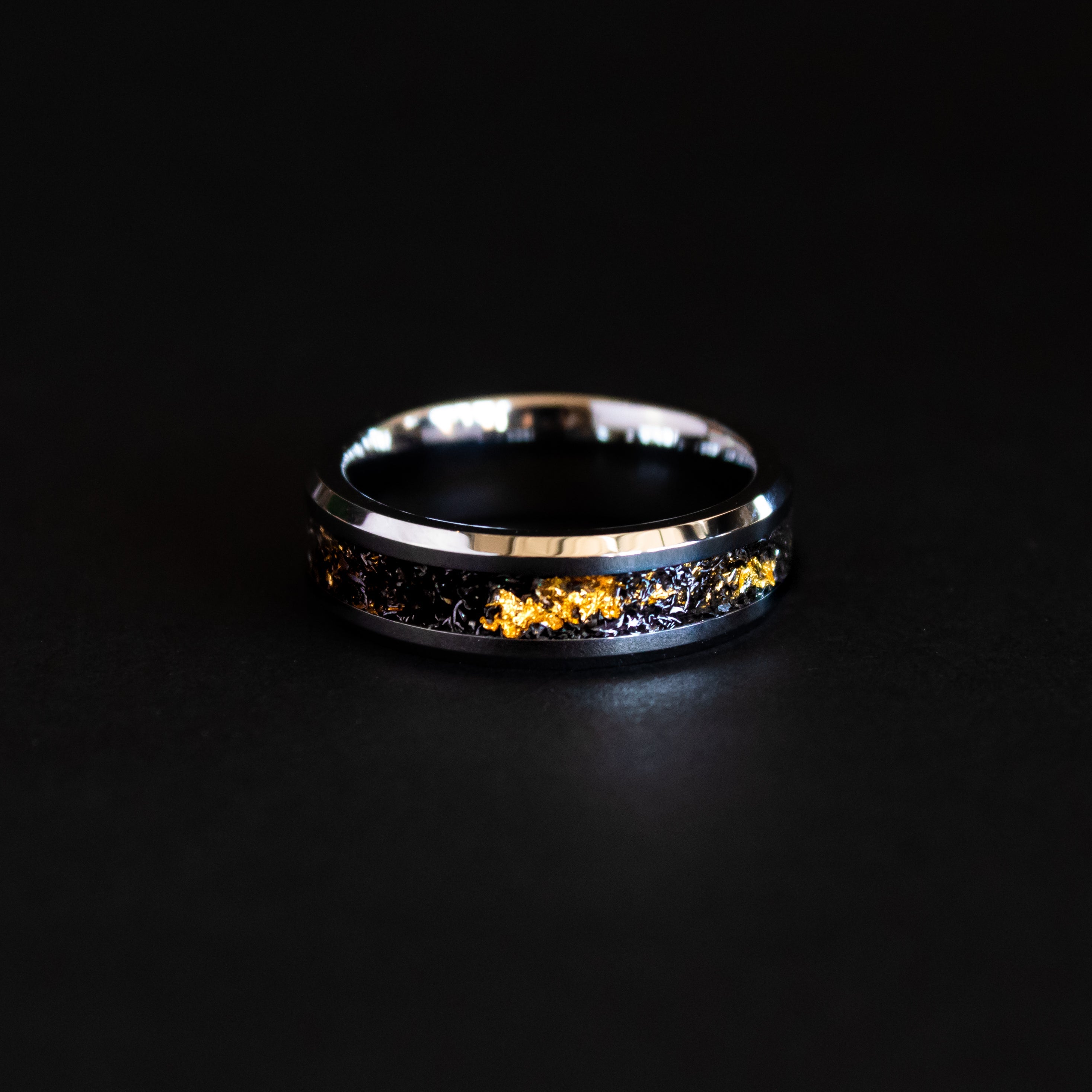 Handcrafted 6mm beveled tungsten mens wedding band with authentic Campo del Cielo meteorite and real gold metal flake inlay made in California