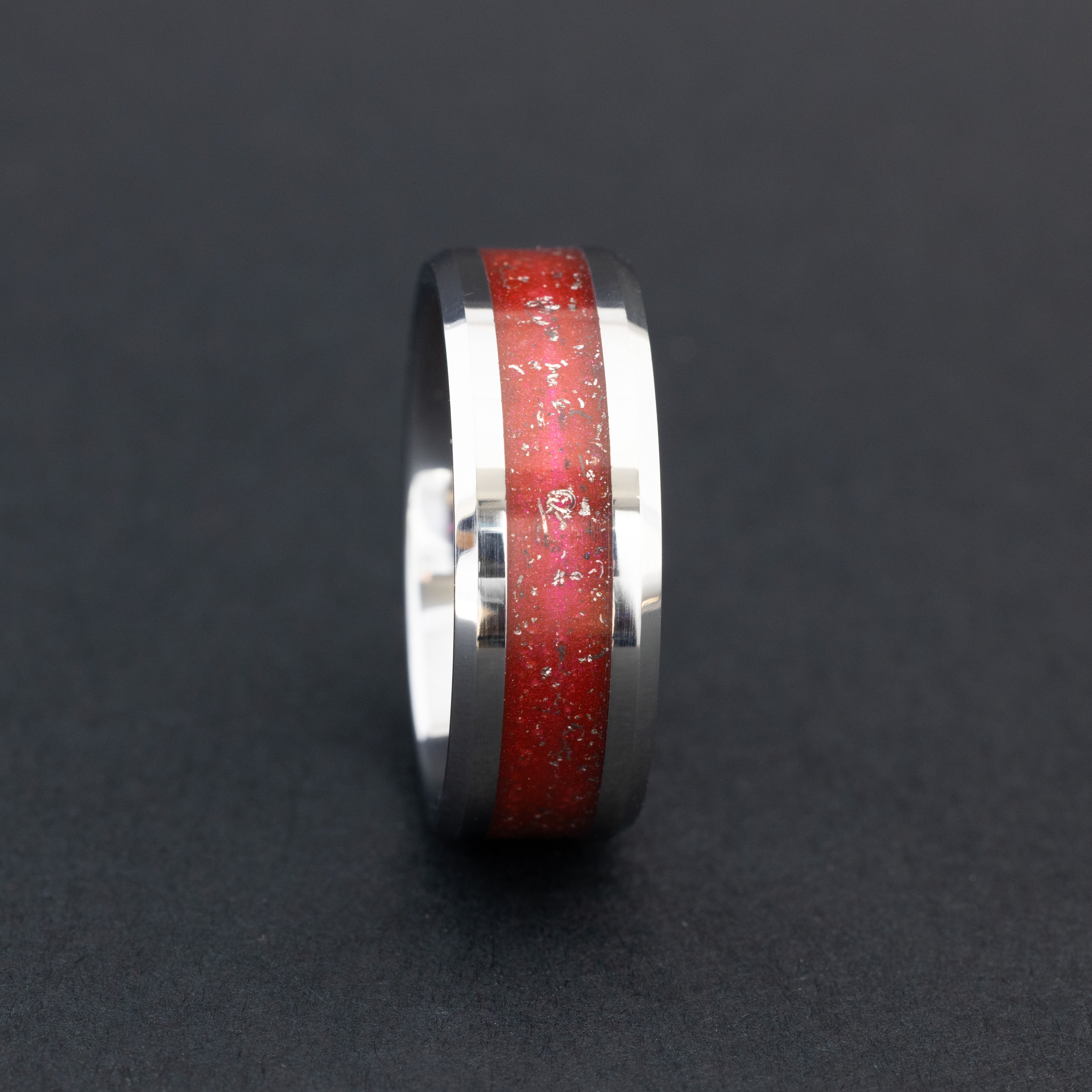 Handcrafted 8mm tungsten wedding band featuring celestial meteorite fragments and red inlay.