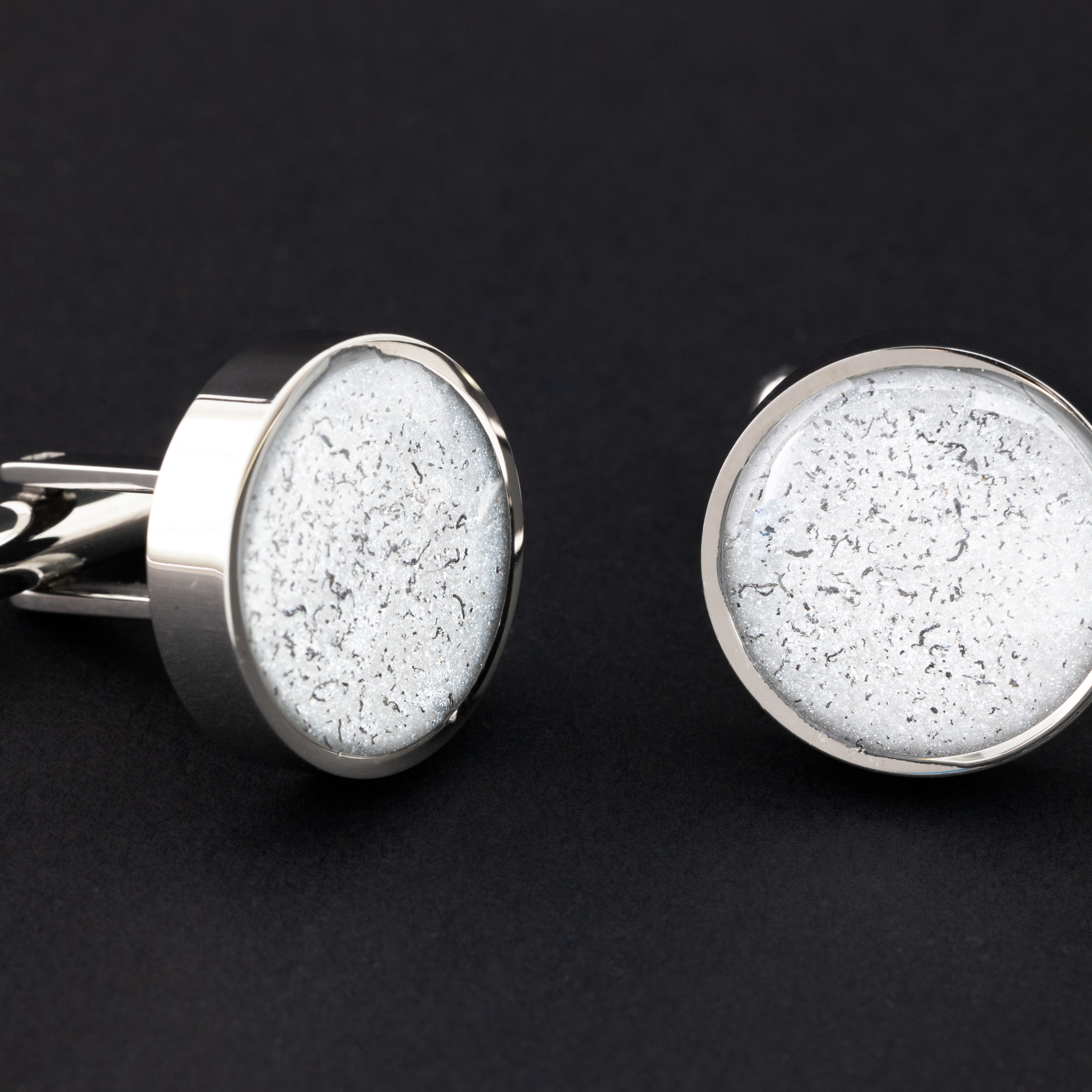 Authentic Campo Del Cielo meteorite and white resin cufflinks in silver-tone stainless steel. Handcrafted real iron meteorite mens cufflinks from our California studio.