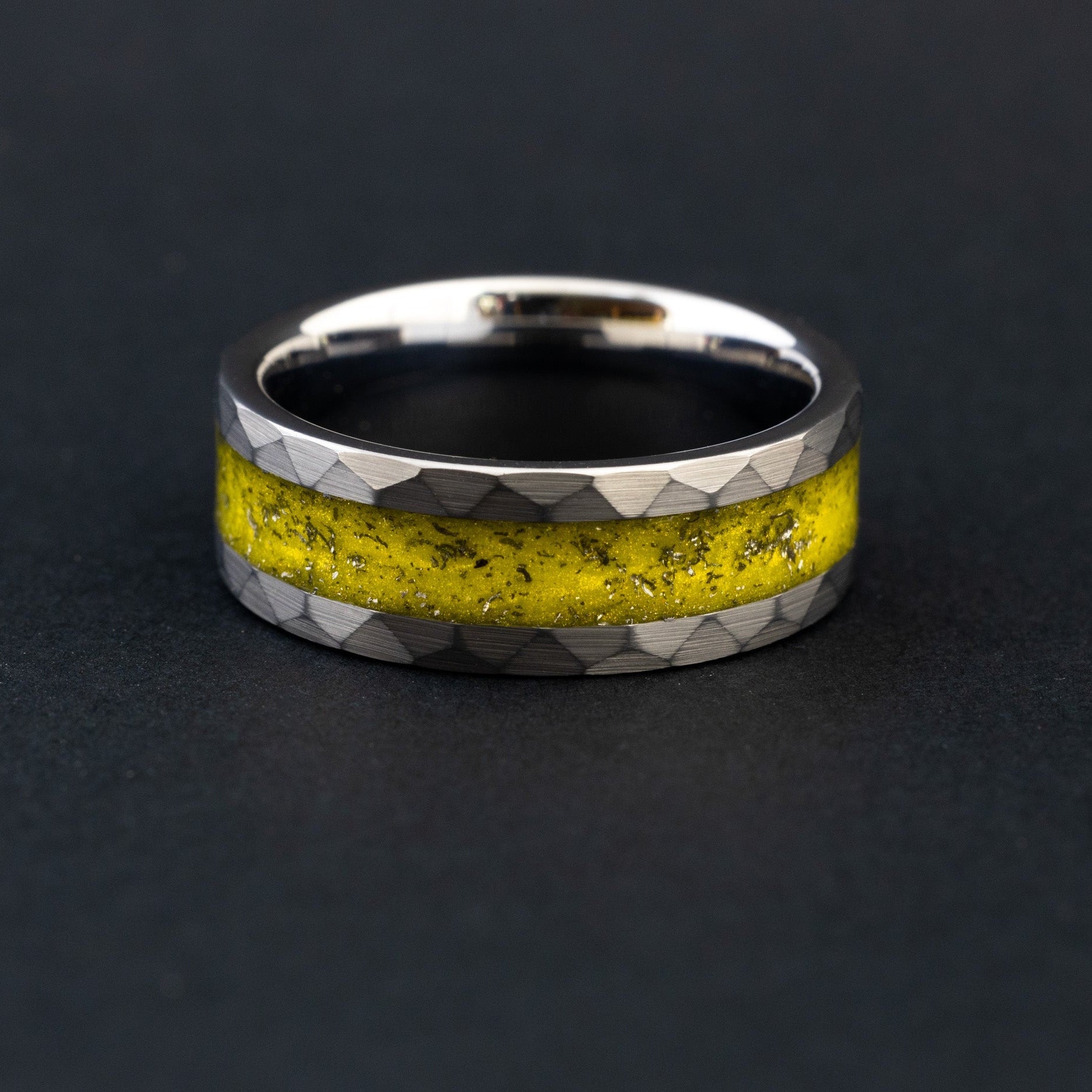 hammered tungsten wedding band featuring celestial Gibeon fragments and yellow inlay